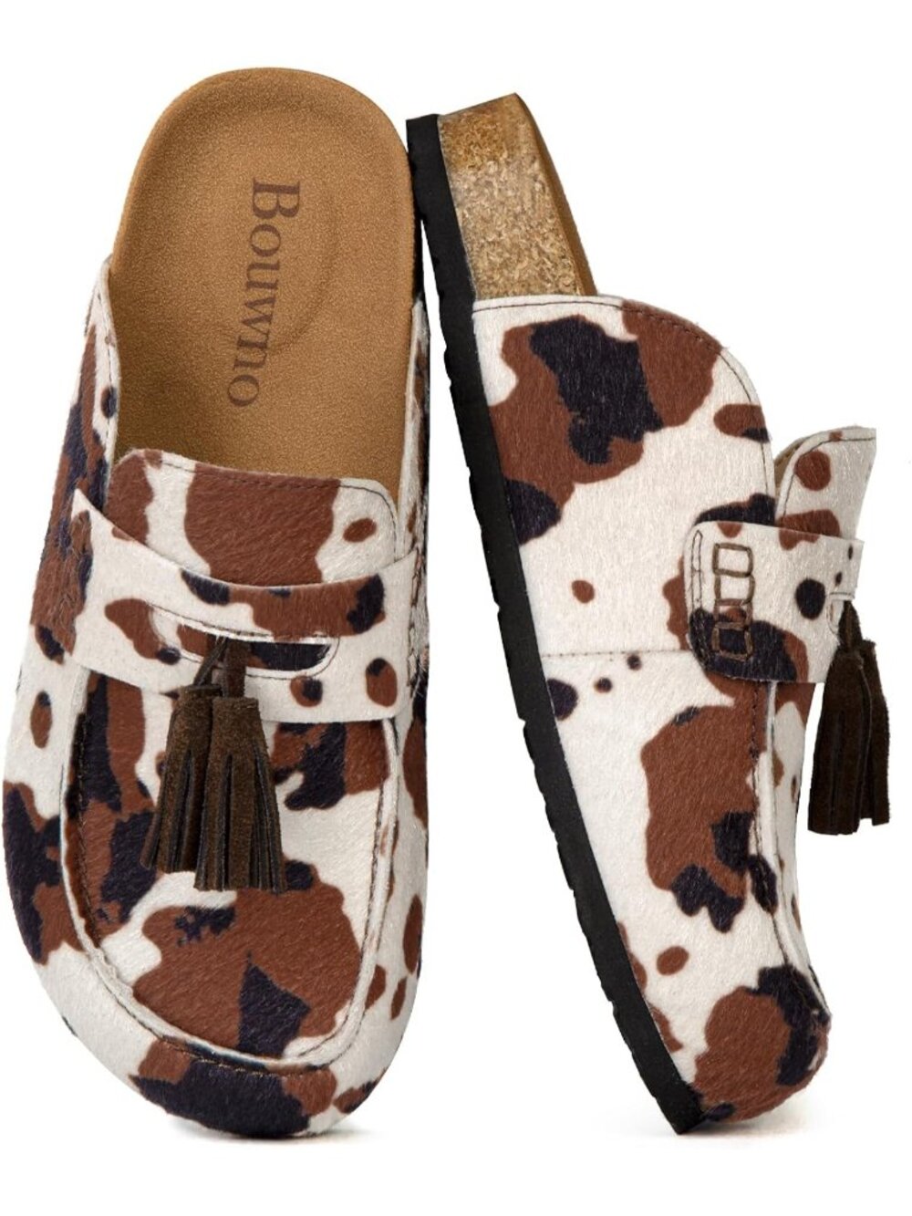 🆕Women's Cow Print Suede Clogs Leather Mules with Tassel Fringe Comfort Cork